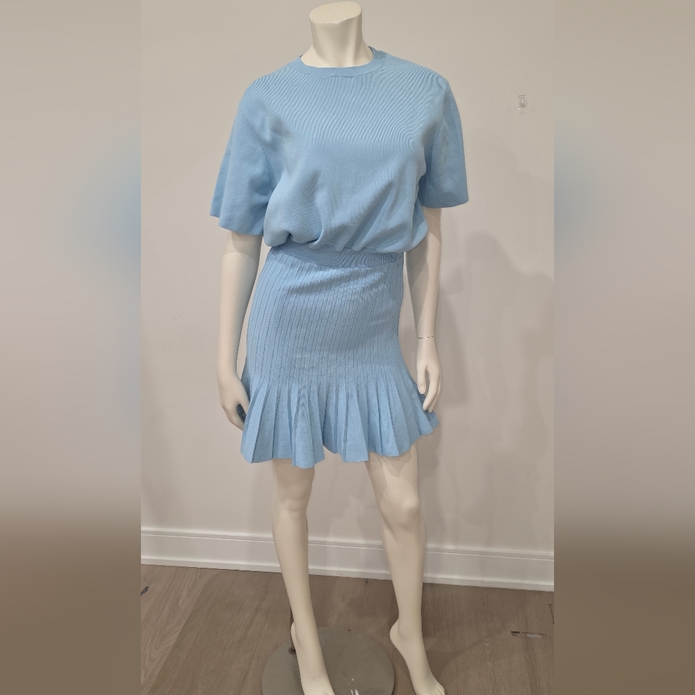 Zara Baby Blue Knit Ribbed Trumpet Pleated Dress Cinch Waist M